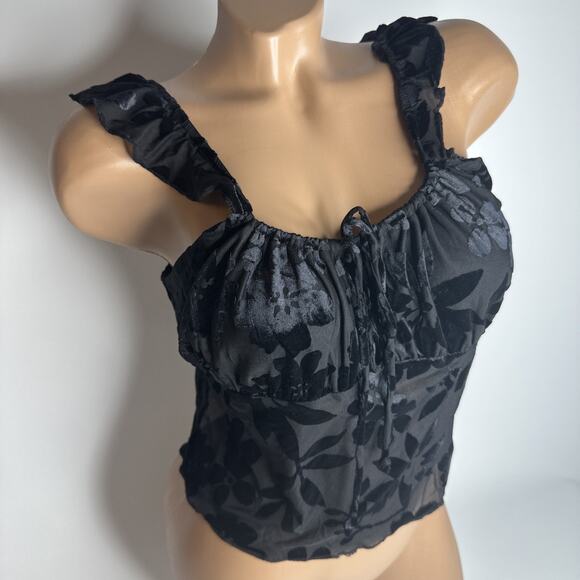 Beverly & Beck Black Velvet Floral Crop Top Cami M Whimsigoth Y2K Sheer Ruffle - Picture 1 of 9